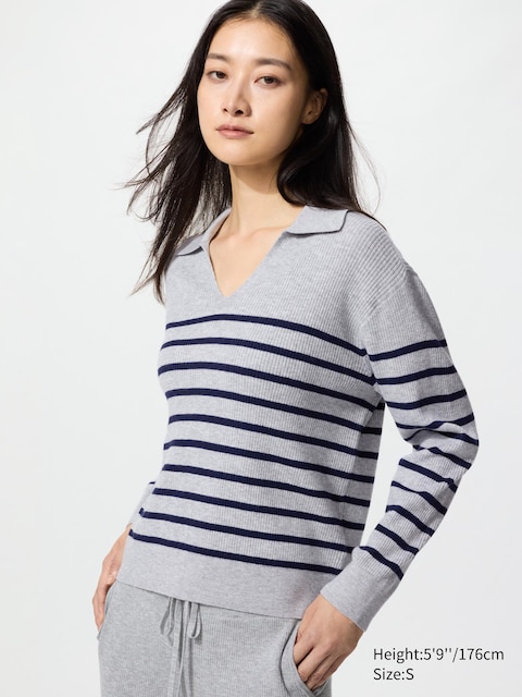 Uniqlo Washable Knit Ribbed Polo Sweater | Striped