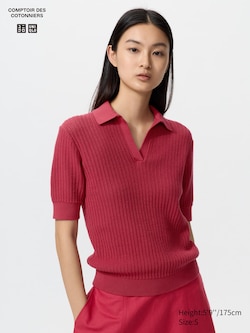 Cotton Pointelle Skipper Polo Sweater