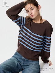 3D Knit Cotton Volume Sleeve Sweater | Striped