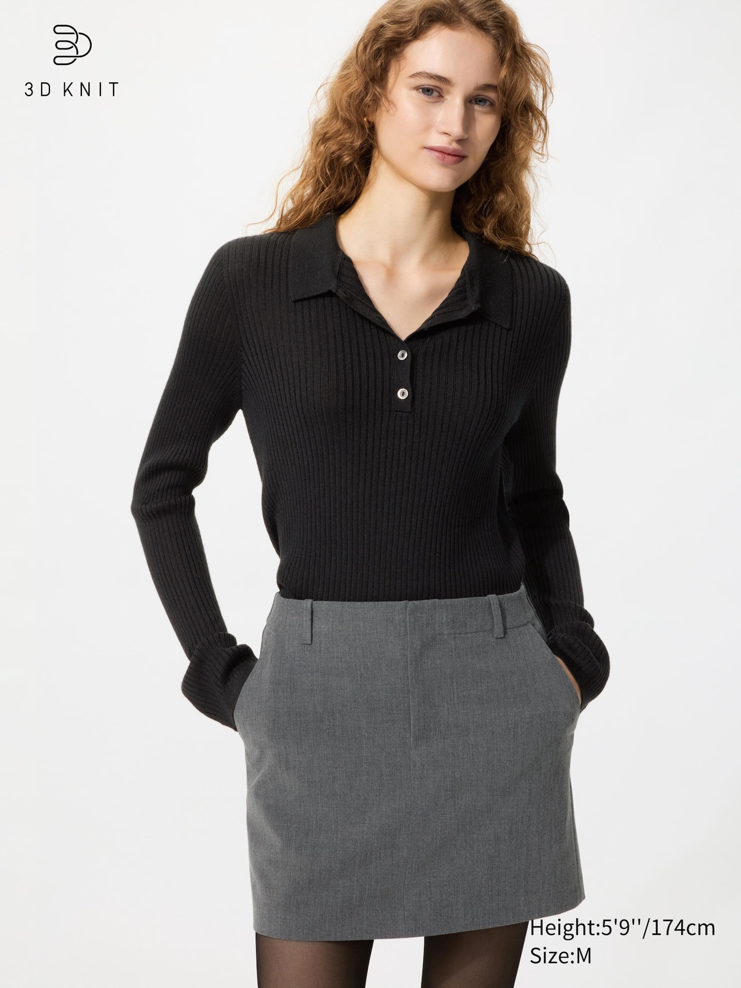 Женский свитер Uniqlo 3D Knit Merino Blend Polo, цвет: Чёрный
