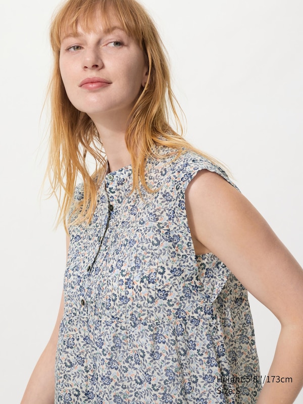 Light Cotton Pintuck Blouse | Sleeveless | Print