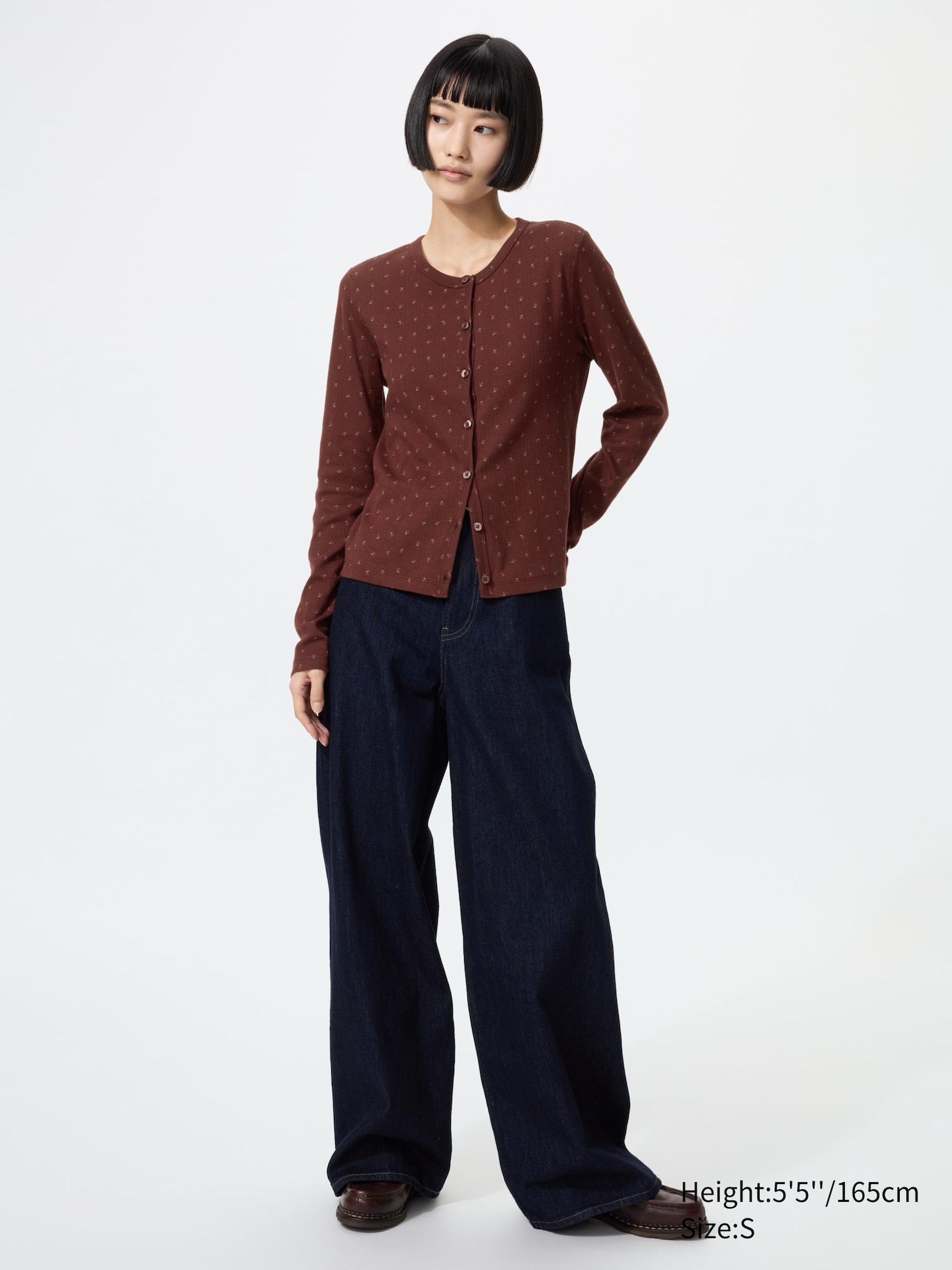 Женский кардиган Uniqlo из ажурного трикотажа, с принтом, цвет: Тёмный коричневый — фото 2