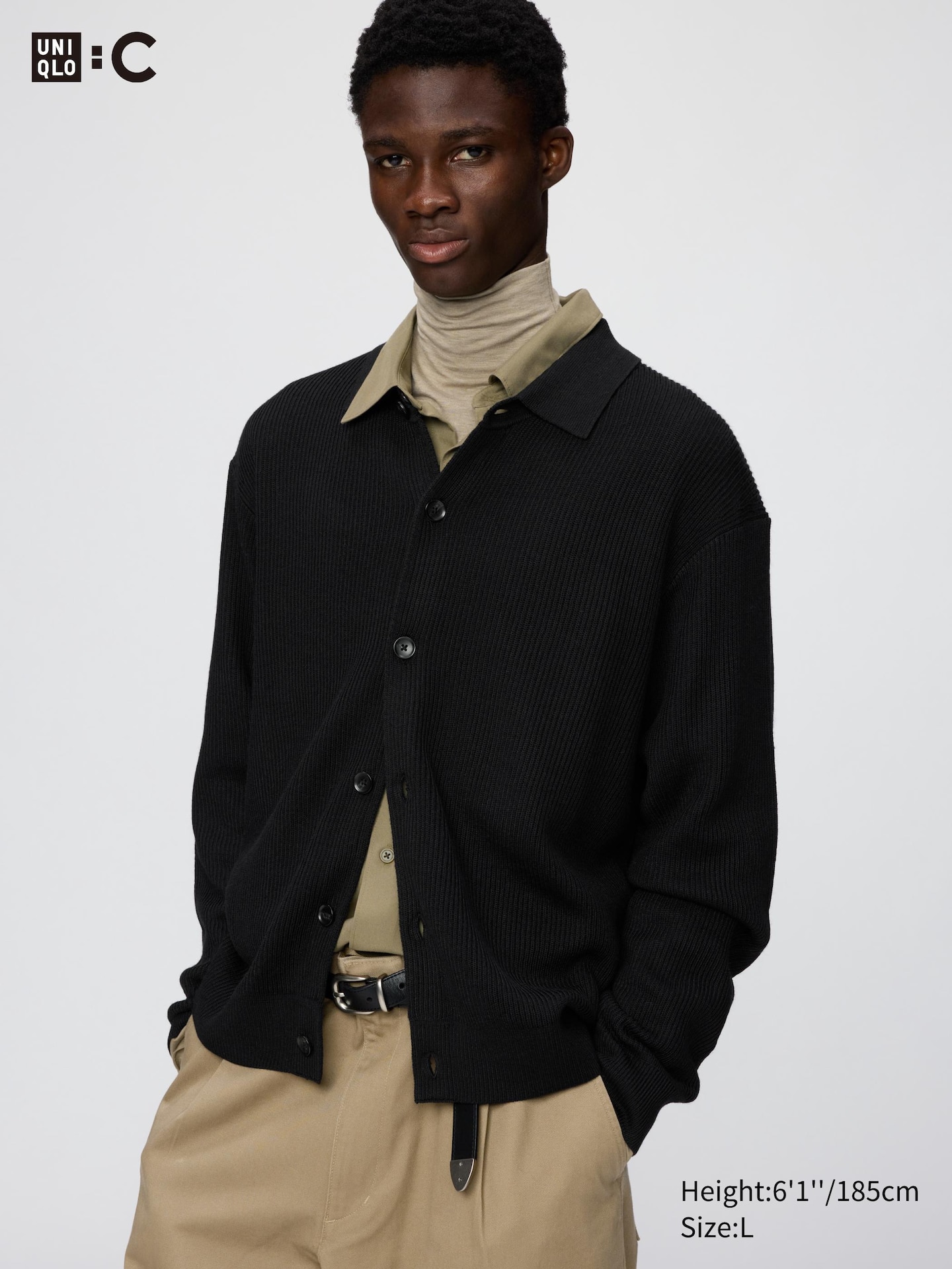 Мужской кардиган Uniqlo Merino Blended Shirt Collar, цвет: Чёрный