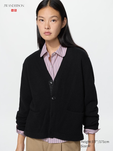 Женский кардиган Uniqlo Lambswool V-Neck Short, цвет: Чёрный