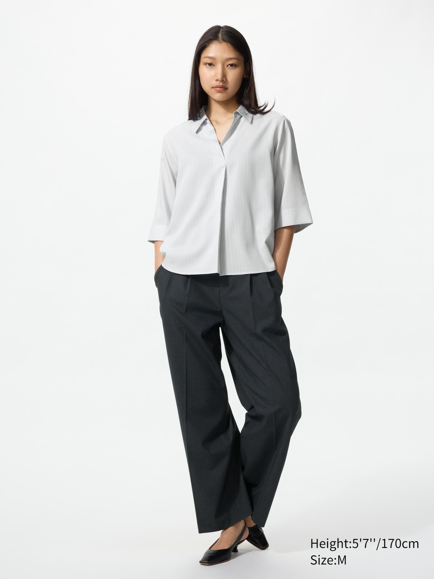 Женская блуза Uniqlo из вискозы с воротником Skipper, рукав 3/4, в полоску, цвет: Светлый серый — фото 2