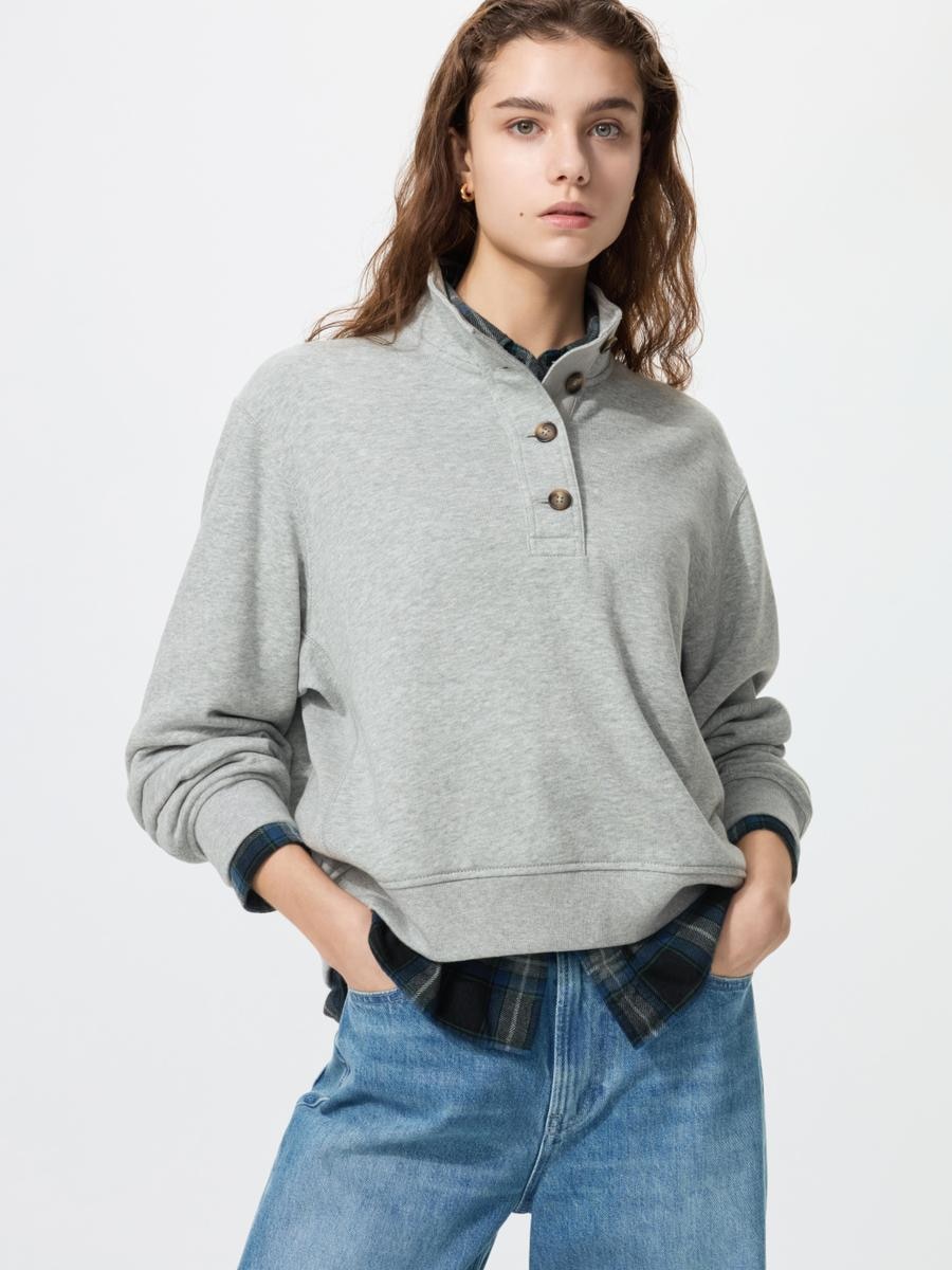 UNIQLO Women's Button Up Sweat Pullover, Gray, 2