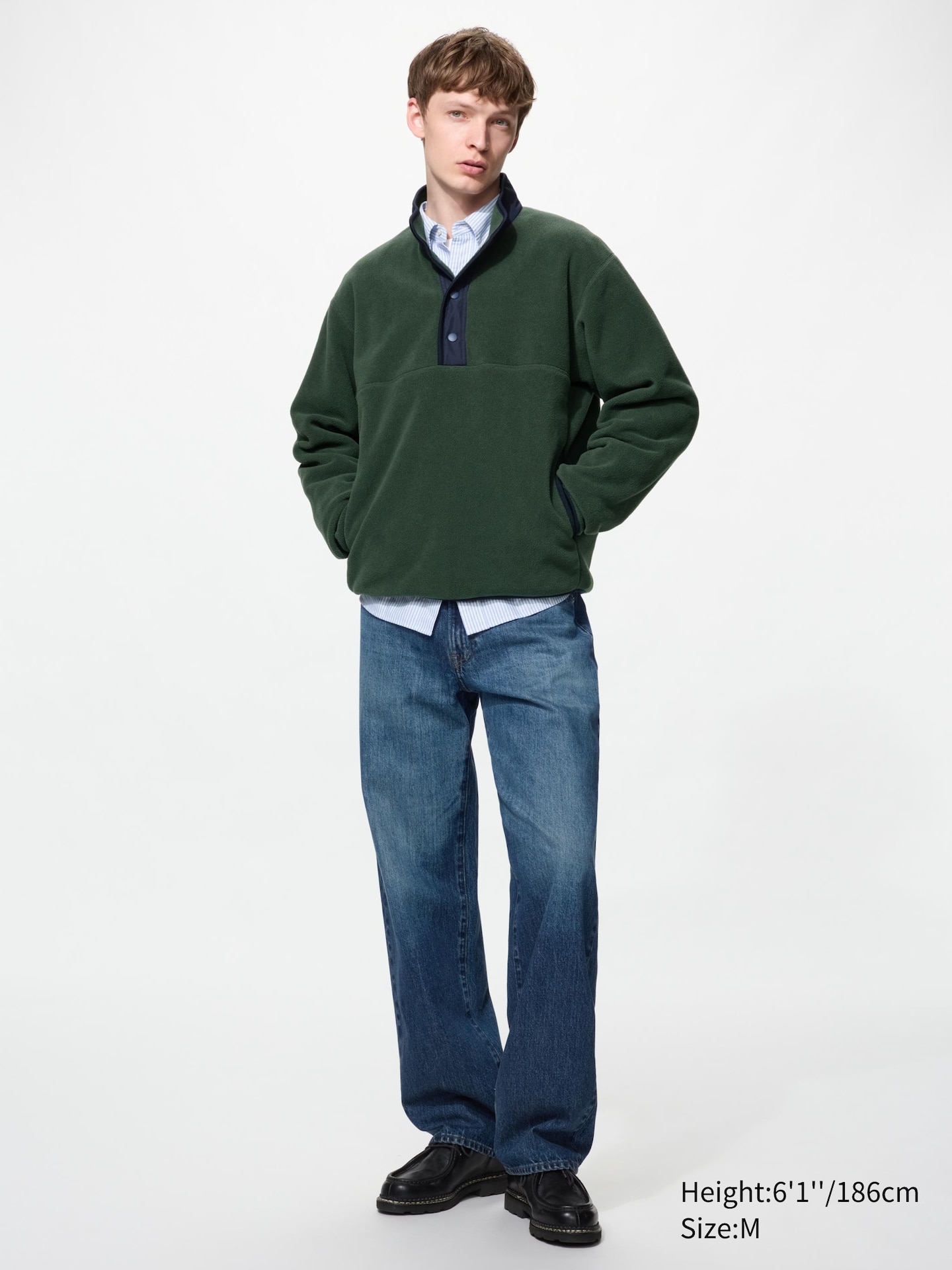 Свитер Uniqlo Fleece Button-Up Pullover, цвет: Тёмный зелёный — фото 4