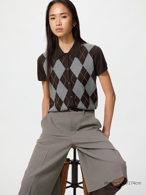 Merino Blend Polo Cardigan | Short Sleeve | Argyle