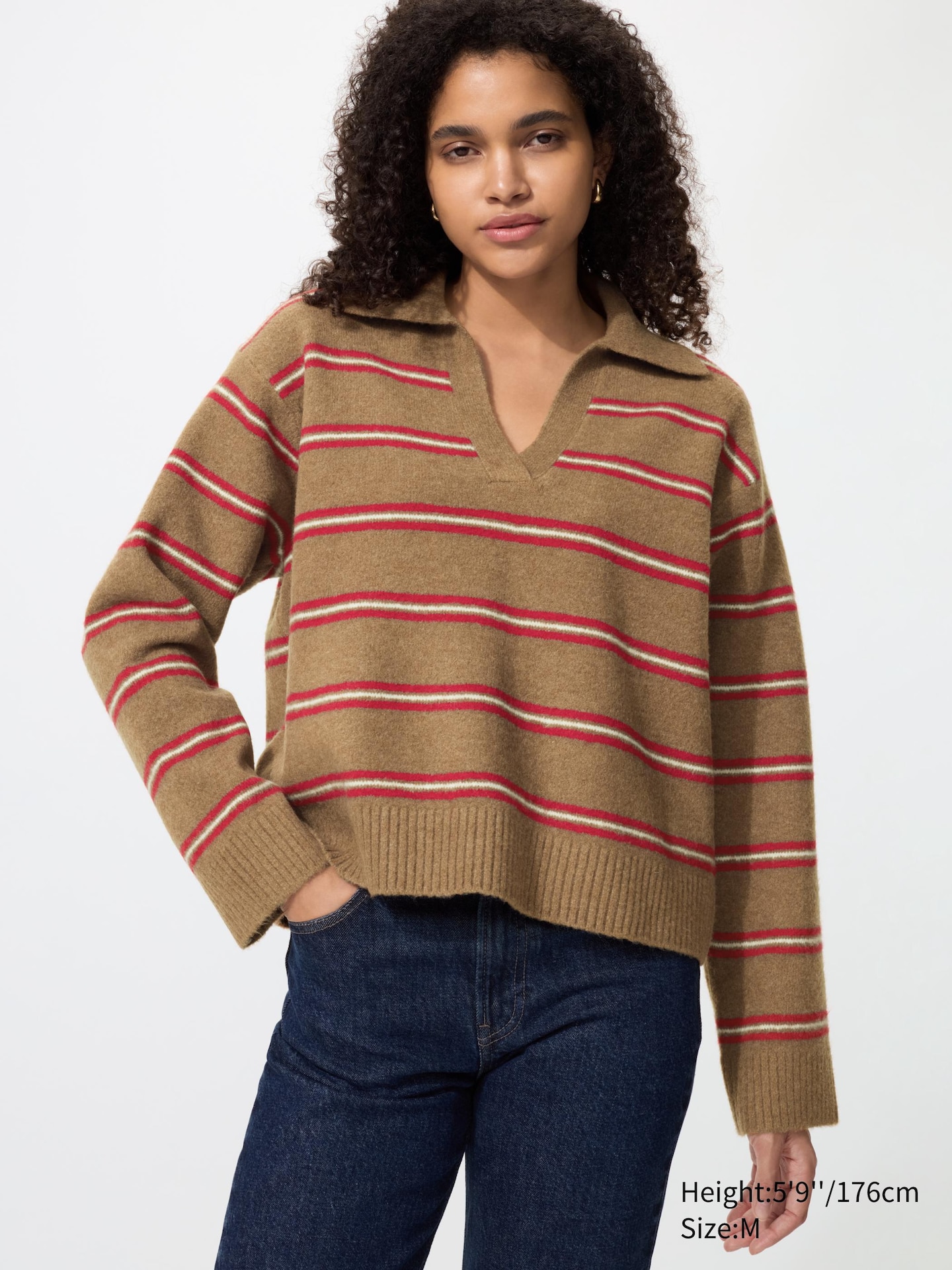 Женский свитер Uniqlo Souffle Yarn Skipper Polo Sweater Stripe, цвет: Коричневый — фото 1