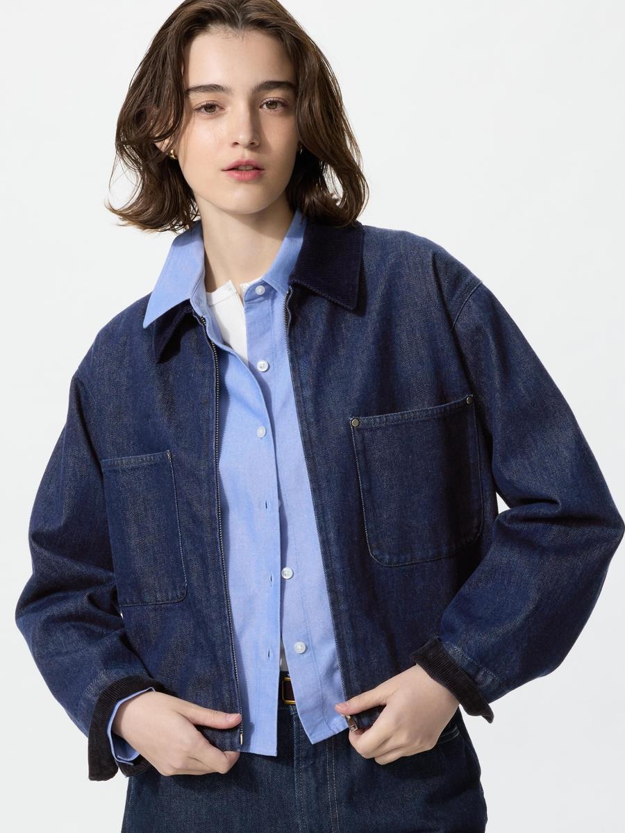 UNIQLO Women's Zip-Up Short Jacket Denim, Navy,