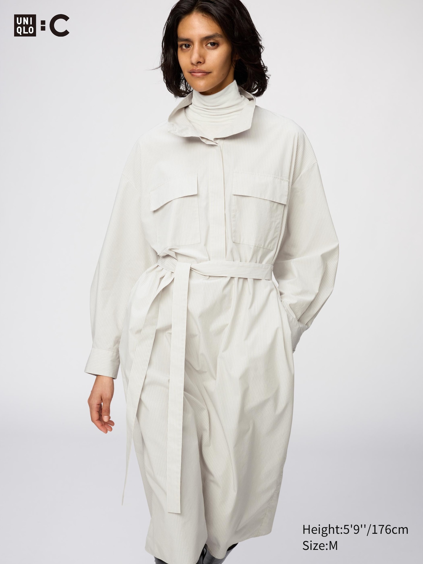 Женское платье Uniqlo Cotton Stand Collar Dress Stripe, цвет: Бежевый — фото 1