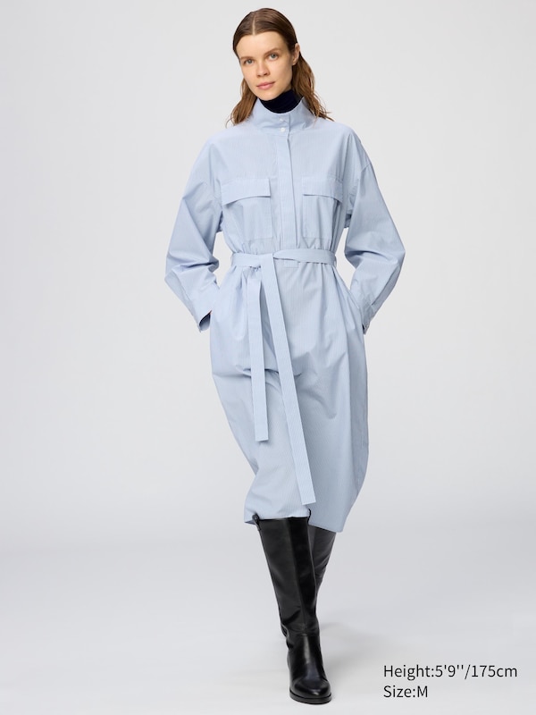 Cotton Stand Collar Dress | Stripe