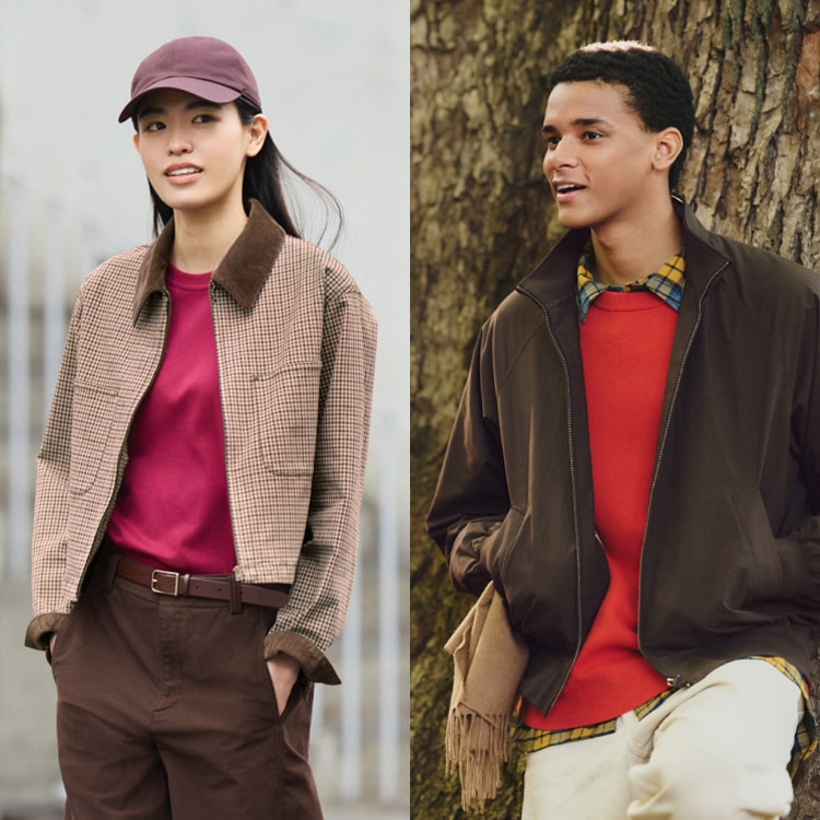 Woman wearing cap and Harrington Jacket. Man wearing brown jacket and red sweater.