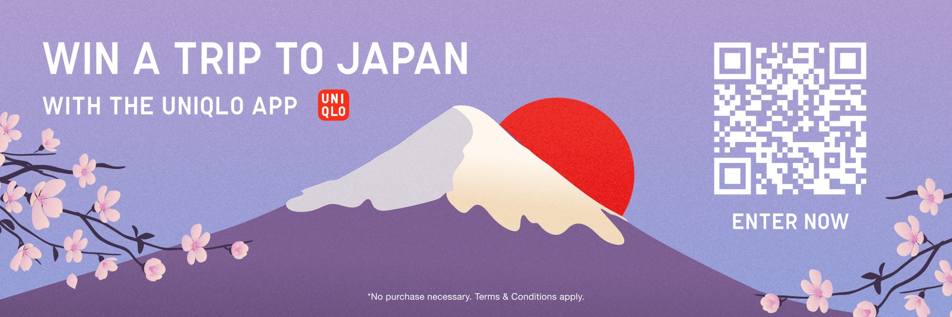 Pink to purple gradient background with red circle behind a mountain illustration. Cherry blossoms peaking from the sides. Text reads "Win a trip to japan with the uniqlo app. No purchase necessary. Terms and conditions apply".