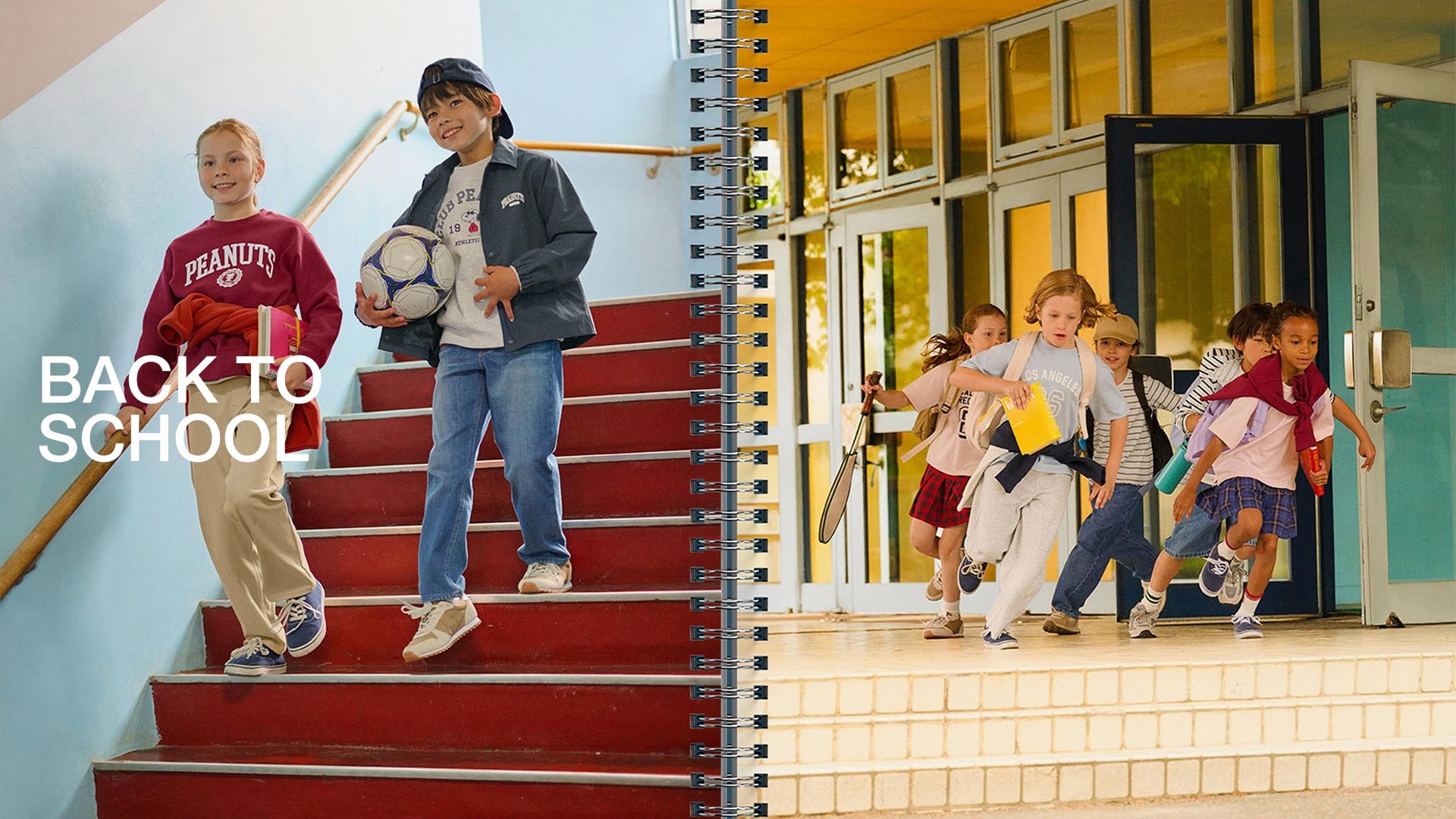 Kids running out of school and two boys walking down red stairs wearing PEANUTS College UT Collection