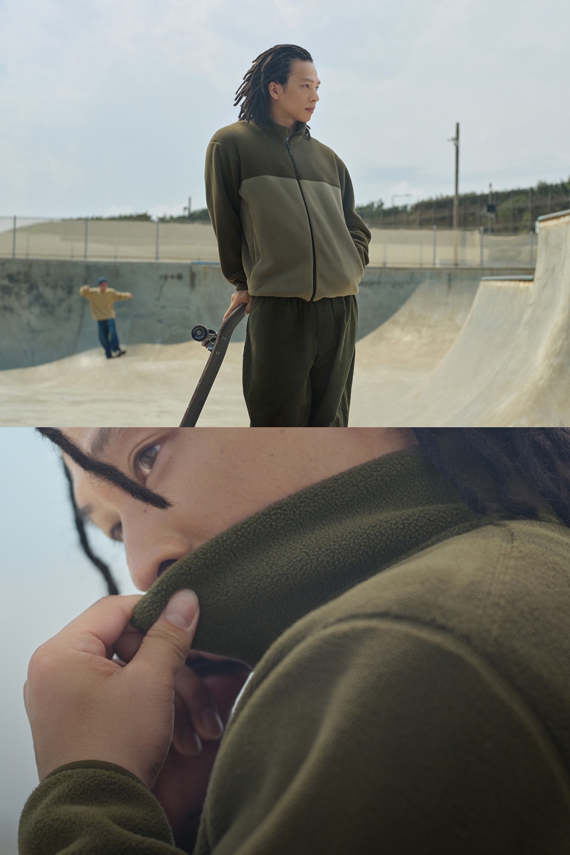 professional Skateboarder & Snowboarder Ayumu Hirano wearing a colour block fleece jacket while at a skatepark
