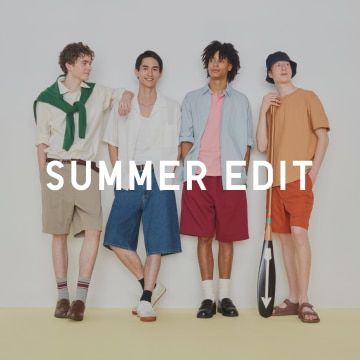 Summer Edit text over a model wearing a striped navy long sleeve polo shirt