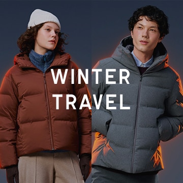Models wearing puffy down hooded parkas and winter accessories. Text overlay reads Winter Travel.