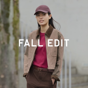 Woman wearing brown Harrington jacket and cap. Text overlay, "Fall Edit".