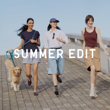 Summer Edit text over a model wearing a striped navy long sleeve polo shirt