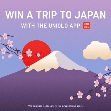 Pink to purple gradient background with red circle behind a mountain illustration. Cherry blossoms peaking from the sides. Text reads "Win a trip to japan with the uniqlo app. No purchase necessary. Terms and conditions apply".