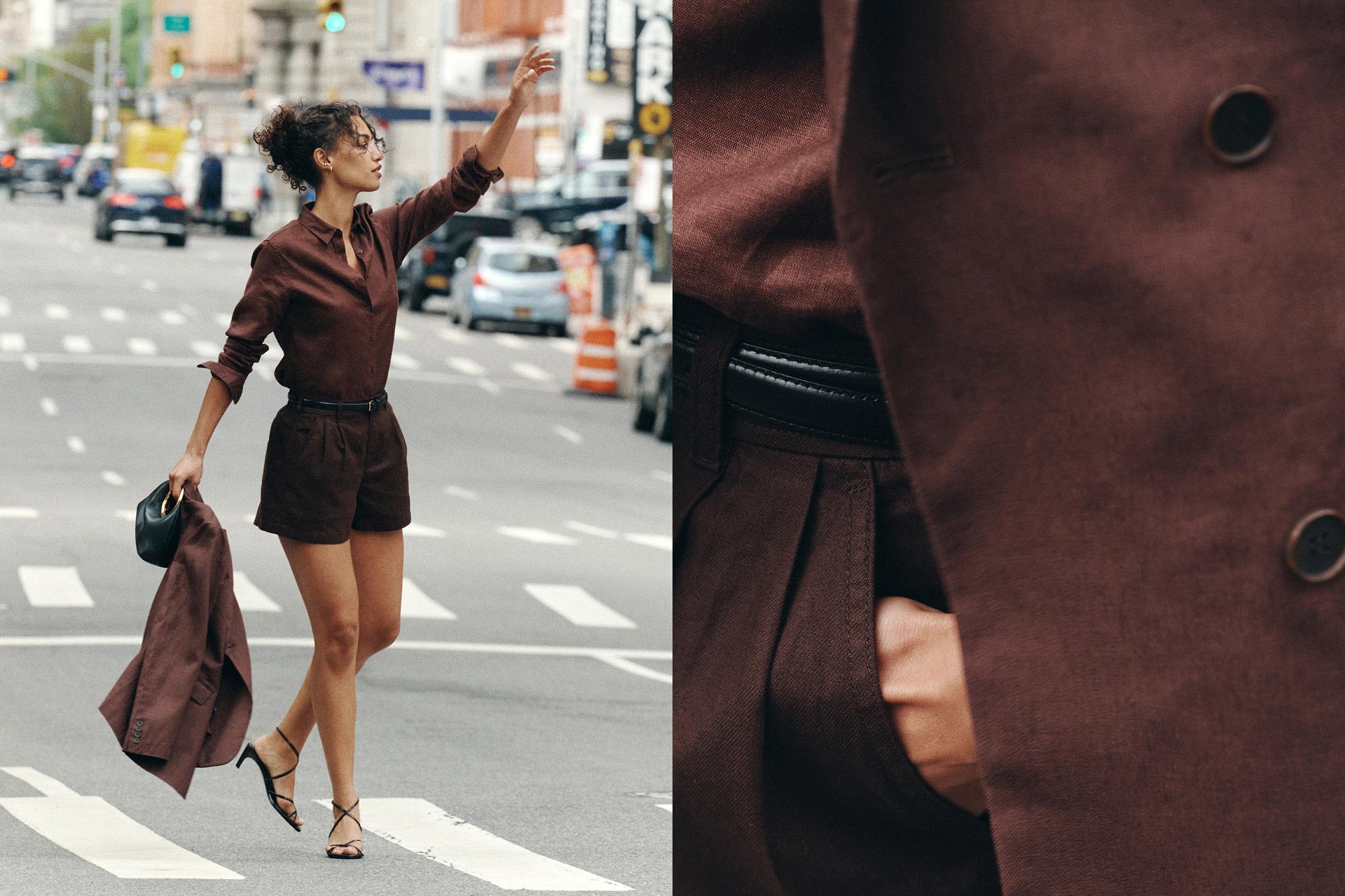 Women wearing styled brown linen such as the long sleeve premium linen shirt scrunched to the elbows. Linen shorts with pleats below the belt. Brown Premium linen jacket and bag in hand, walking on the sidewalk.