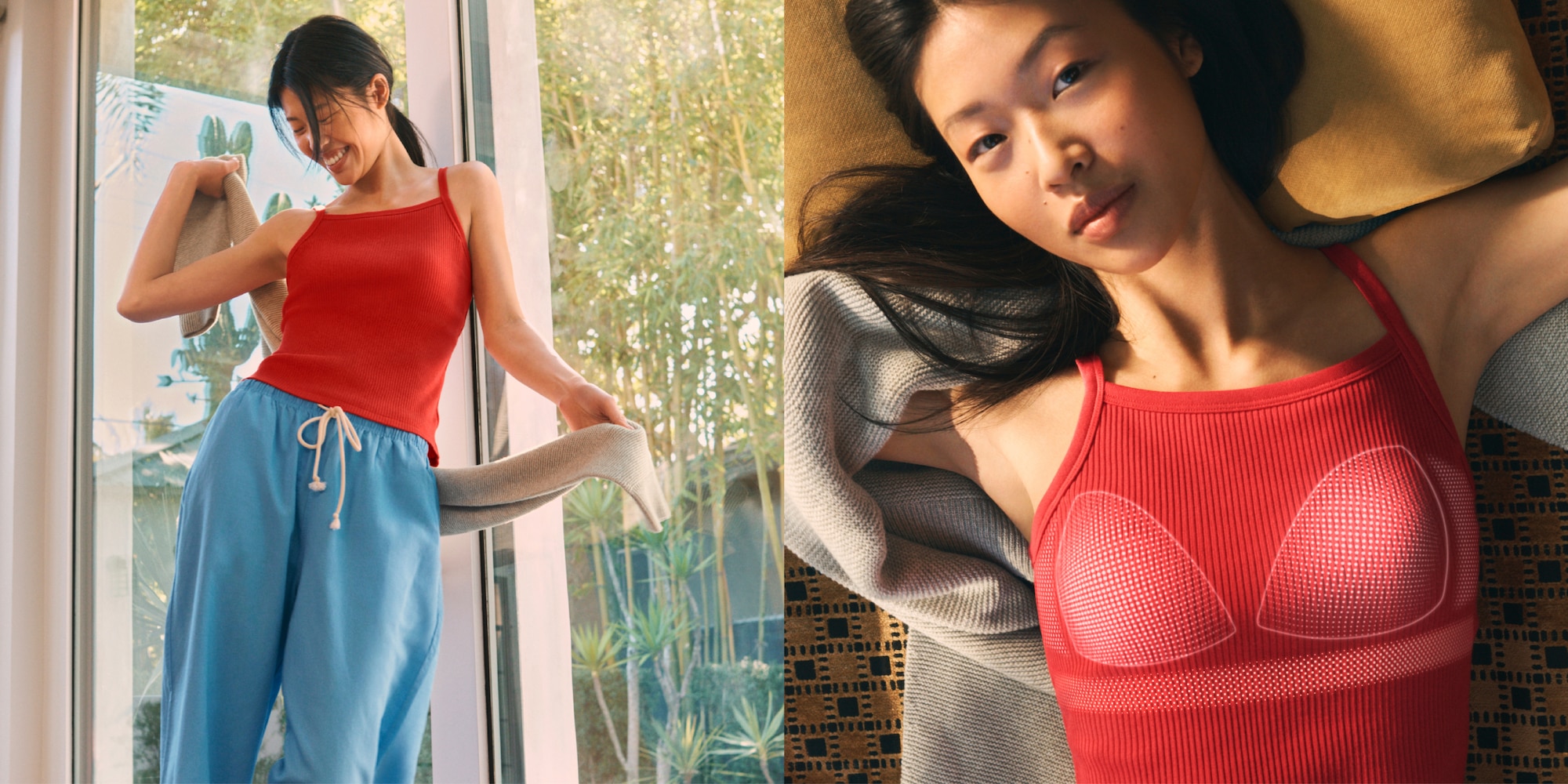 Woman wearing red square neck bra camisole, blue pull on pants, and holding a knit beige sweater