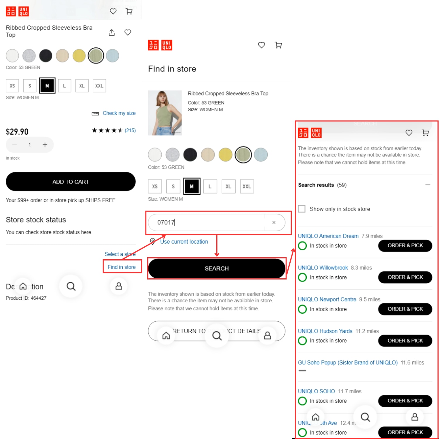 Example of selecting a store with available stock