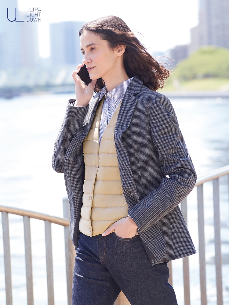 Lightweight down layer in a packable pouch.