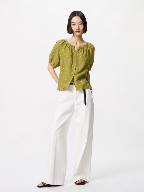 Áo Kiểu Vải Pha Linen Tay Phồng | Họa Tiết