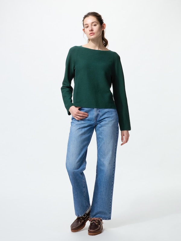 3D Knit Cotton Boat Neck Sweater