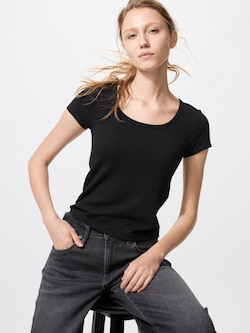 AIRism Cotton Áo Thun Tích Hợp Bra Cổ Rộng