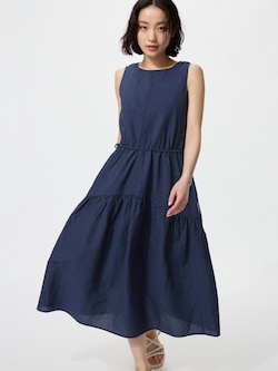 Đầm Vải Pha Linen Xếp Tầng Không Tay | Kẻ Sọc