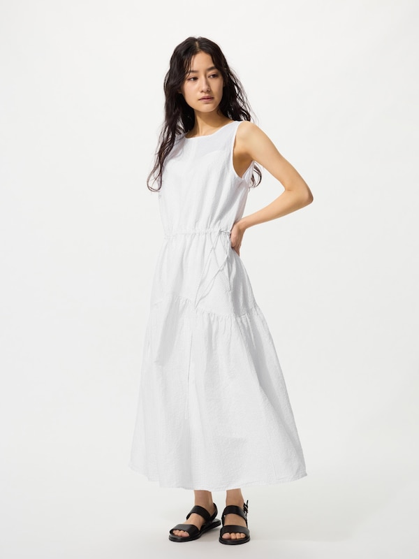 Linen Blend Tiered Dress Sleeveless | Striped